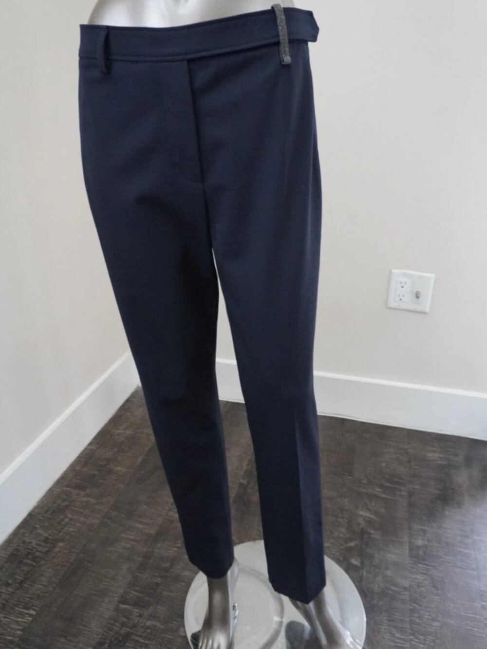 Brunello Cucinelli Navy Pants Monili Loop Wool Stretch Straight Leg Pant Size 4